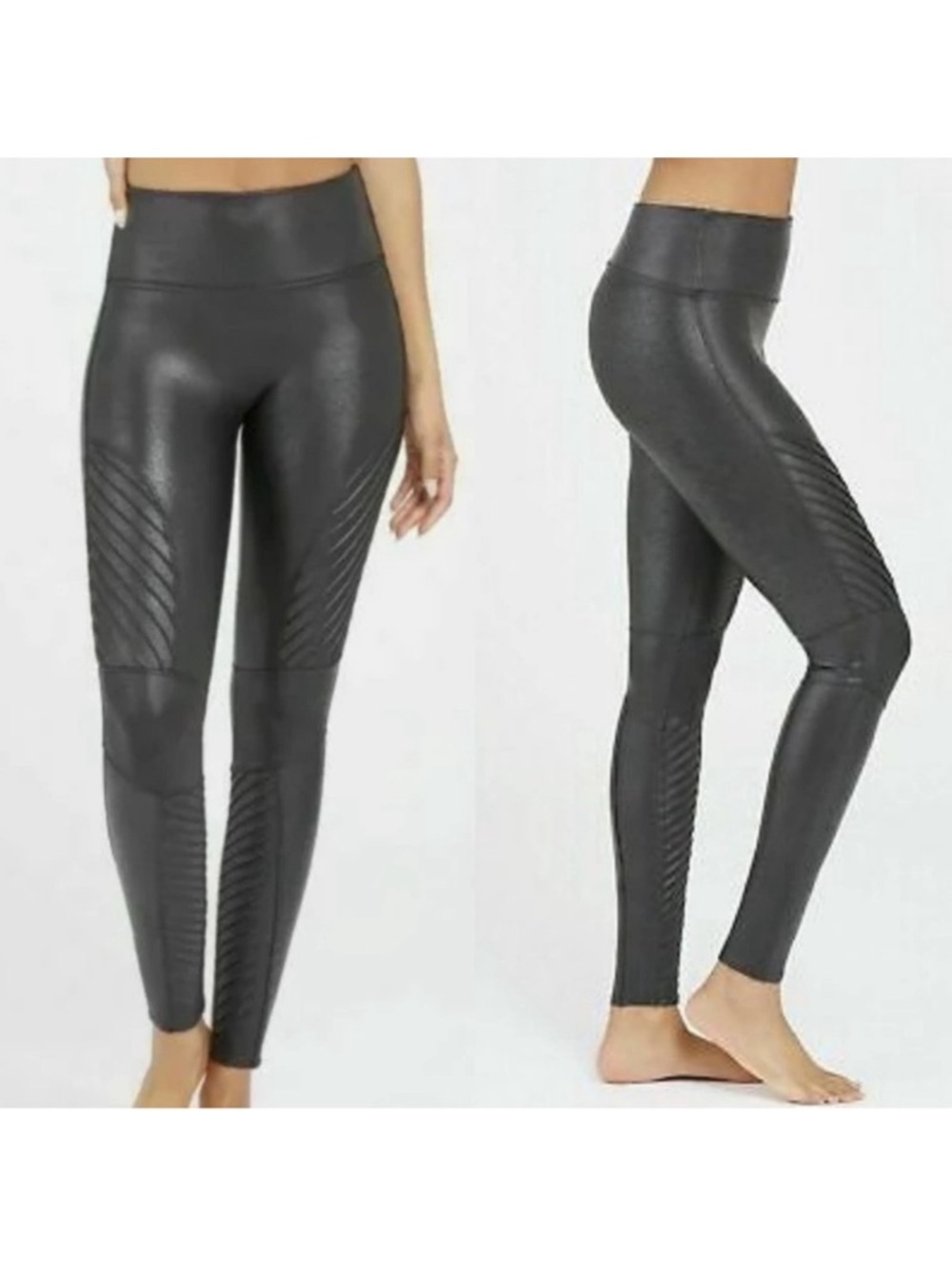 Spanx Womens Faux Leather Moto Leggings Size L Black Stretch Slimming Edgy